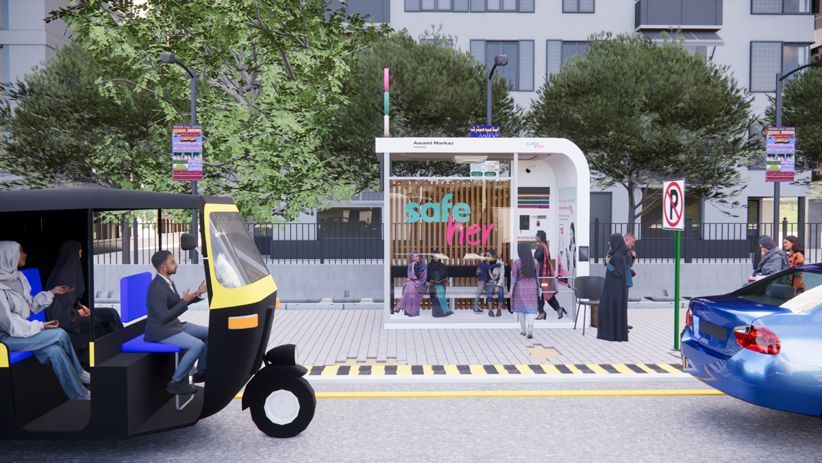 Contextual concept render — a proposed SafeStop beside a Karachi road, with a rickshaw and a car passing and women walking toward it.