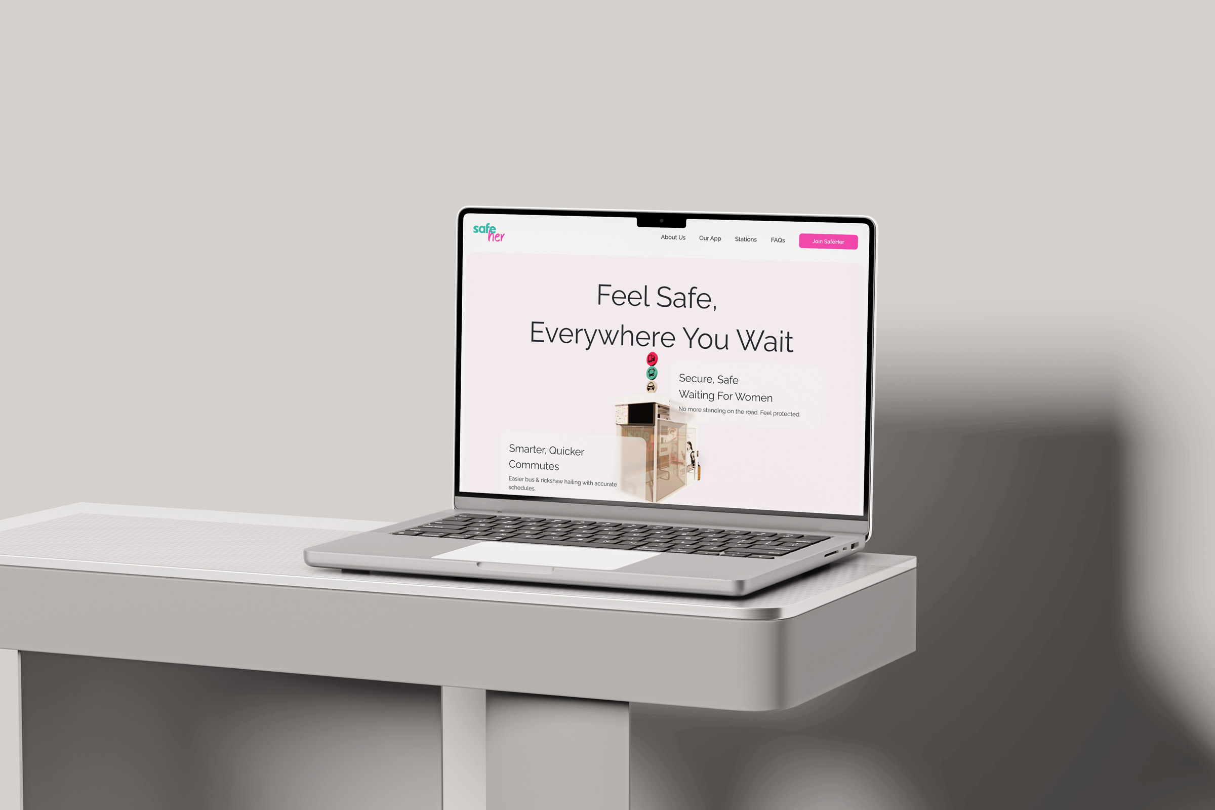 SafeHer website on a laptop — Feel safe, everywhere you wait