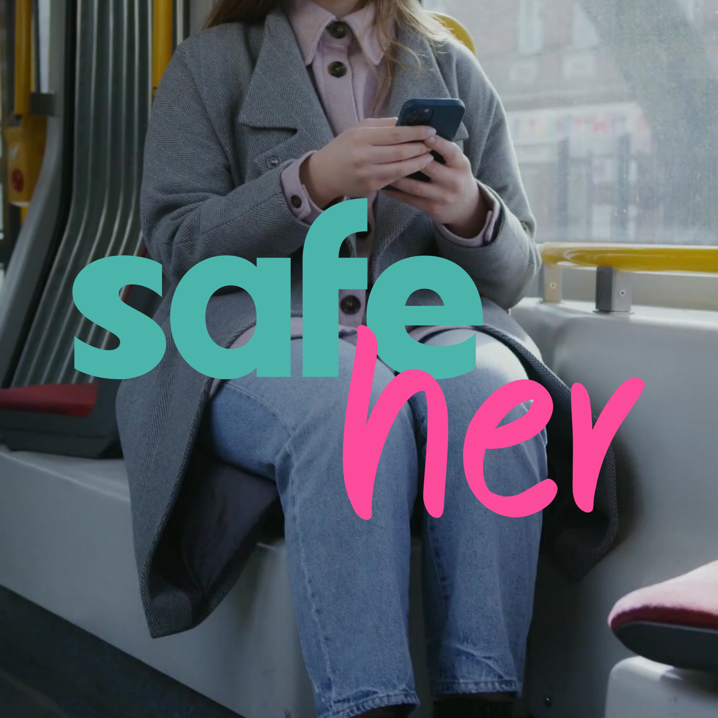 SafeHer wordmark over a woman seated on a bus with her phone — the brand in its natural context