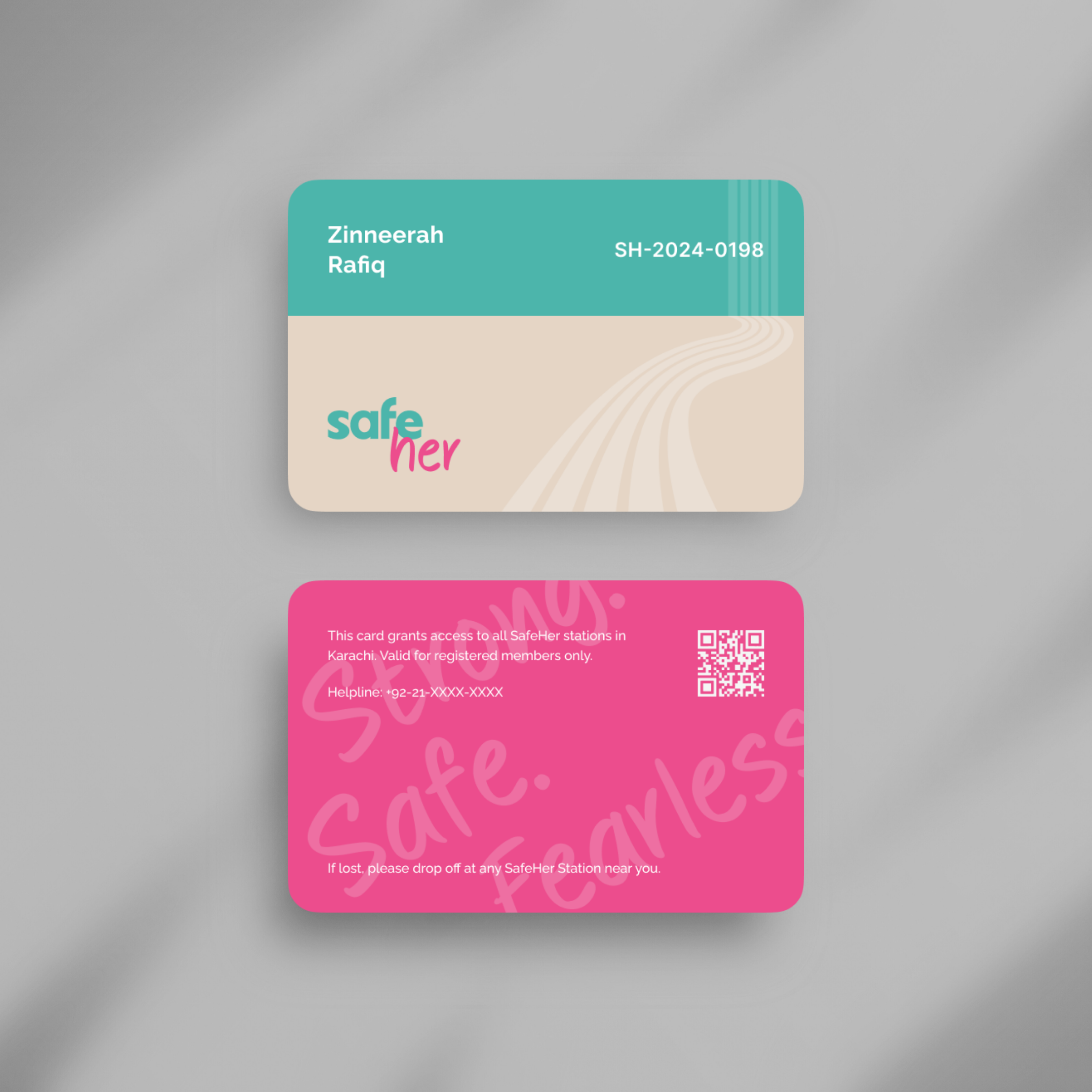 SafeHer physical membership card — Zinneerah Rafiq, SH-2024-0198, helpline on reverse