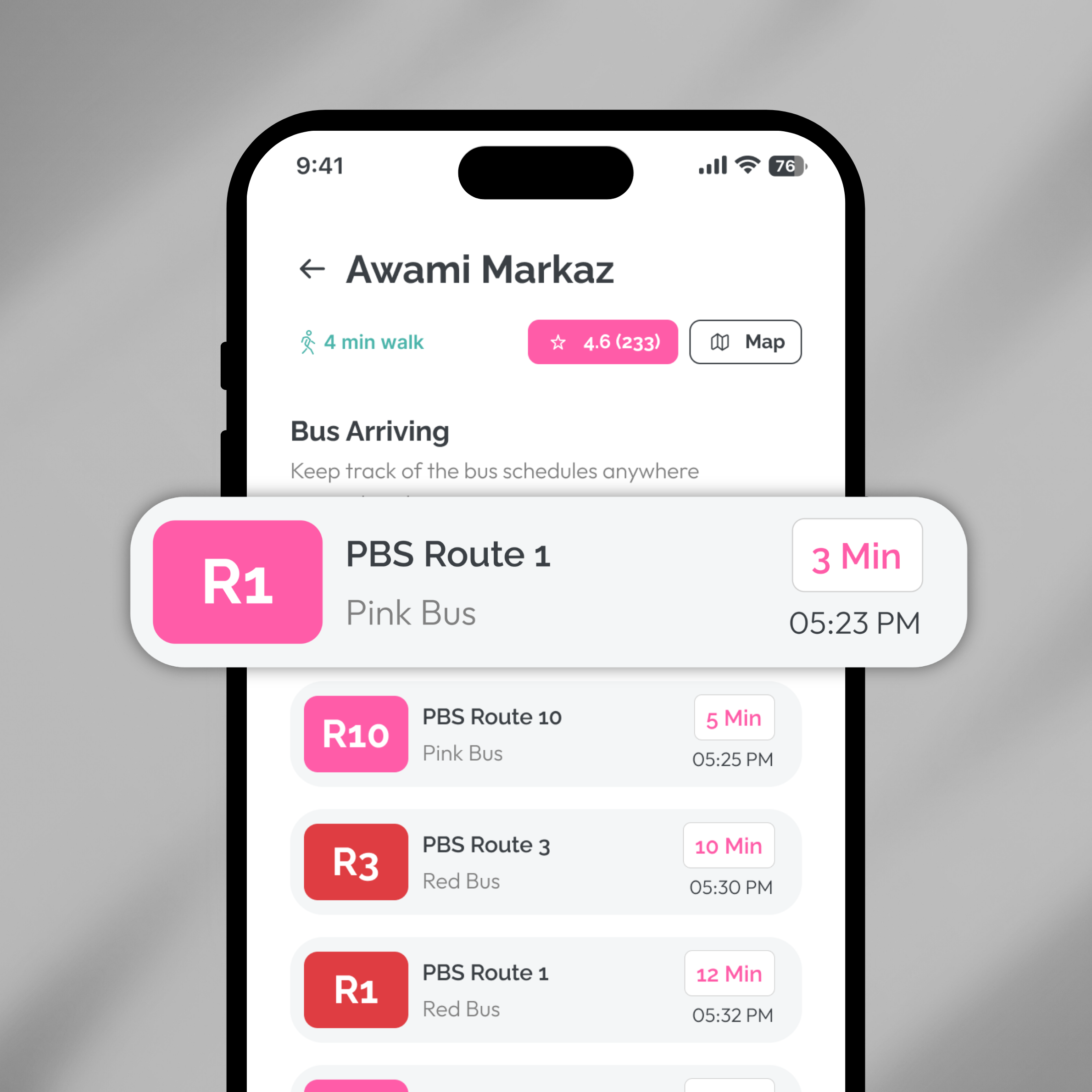 SafeHer app — Awami Markaz arrivals screen, PBS Route 1 in 3 minutes
