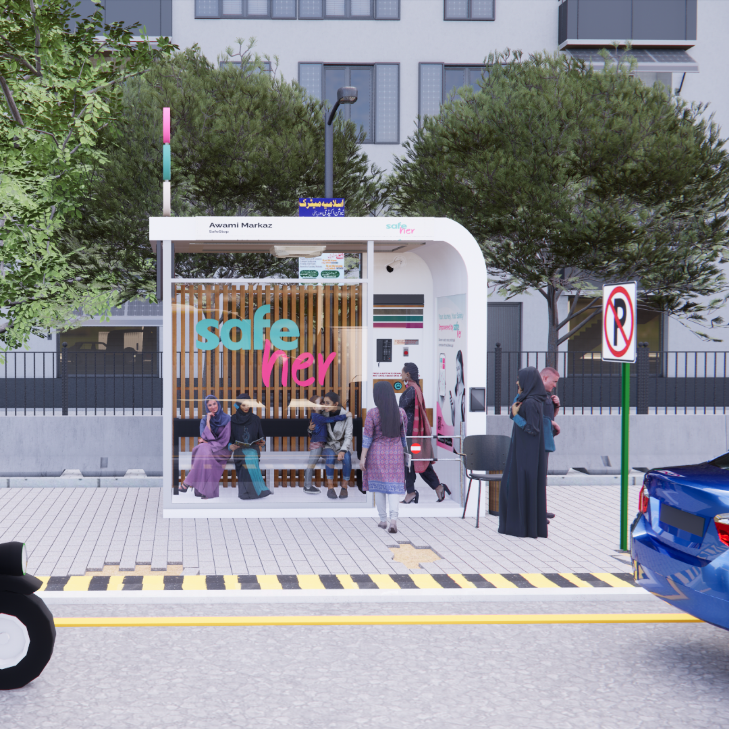 SafeHer SafeStop daytime — women waiting outside, Karachi street context