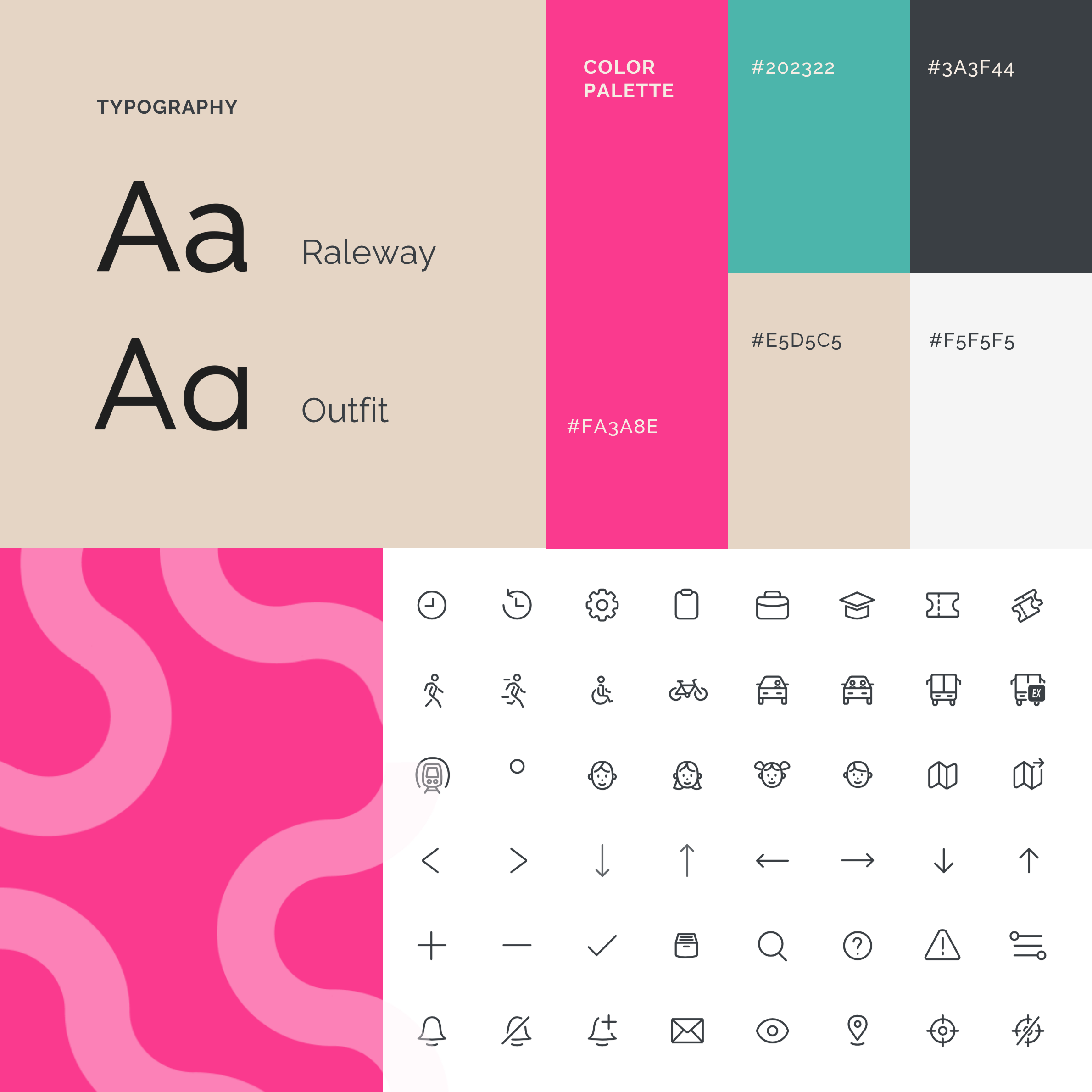SafeHer visual system — Raleway and Outfit typography, palette including SafeHer pink #FA3A8E and teal accent, with iconography